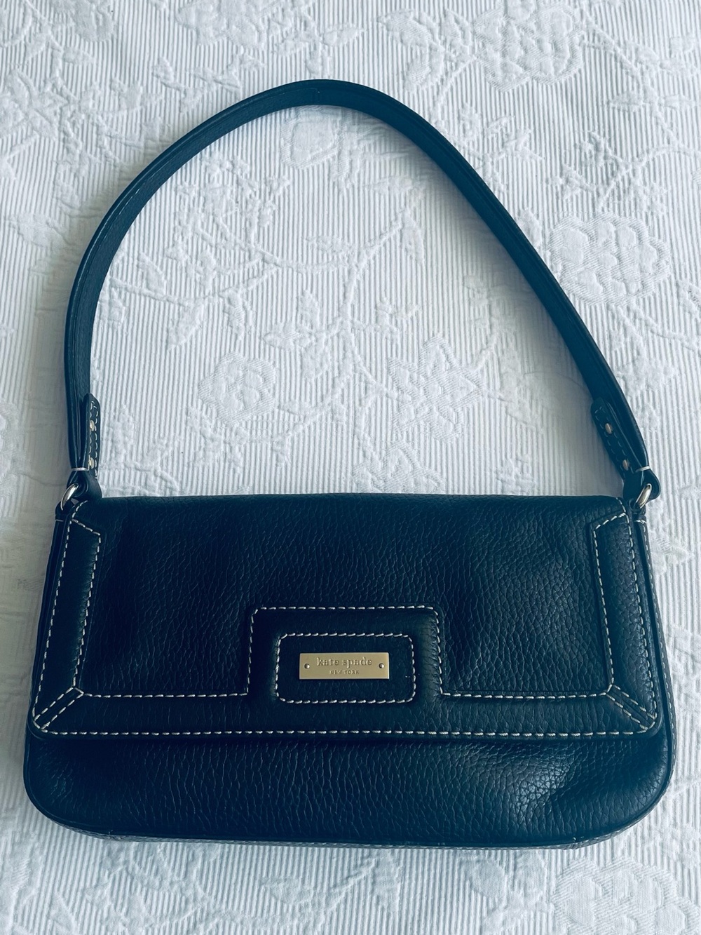 kate spade Black Pebbled Leather Shoulder Bag with Gold Plaque